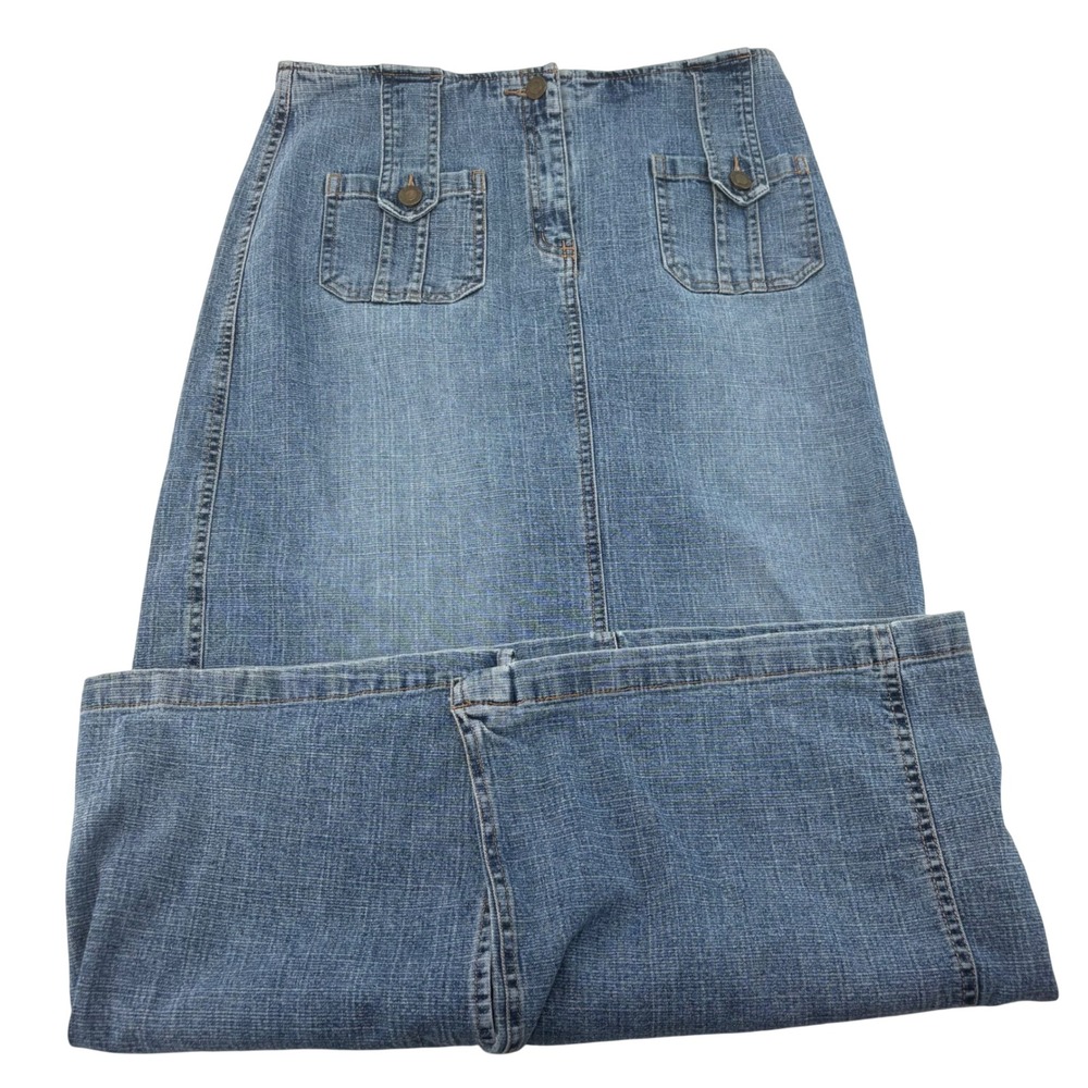 Vintage Faded Glory Missy Medium Stone Denim Maxi Skirt Front Flap Pockets y2k